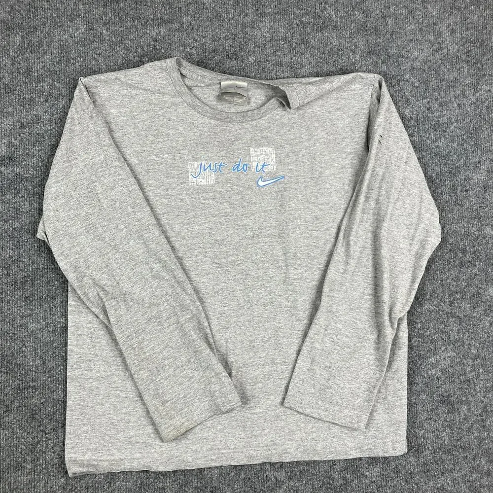 Nike Long Sleeve‎ Shirt Womens L Gray Just Do It Blue Graphic Athletic Tee